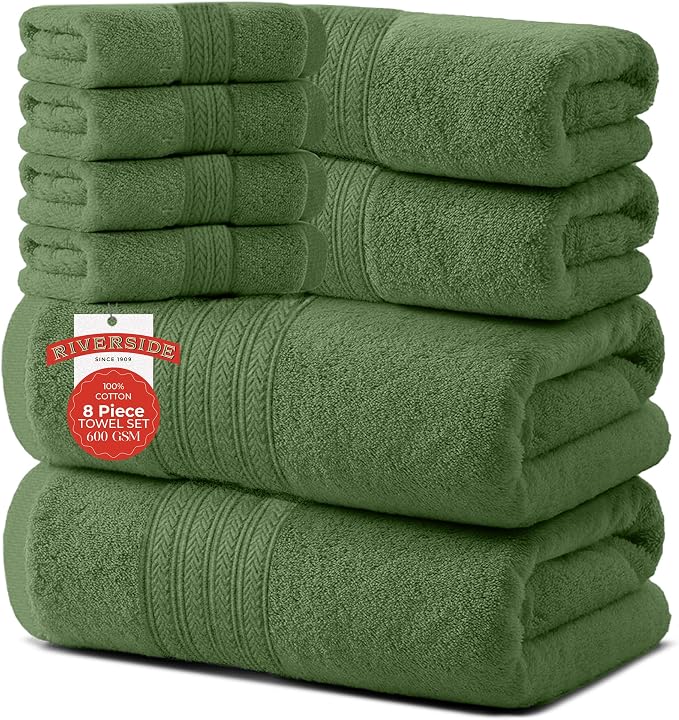 RIVERSIDE Pack of 8 Towels Set, 2 Large Bath, 2 Hand, 4 Face Washcloths by RIVERSIDE