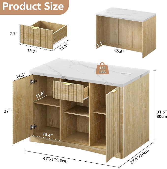 Kitchen Island Cart with Storage, 47.2"x31.5" Kitchen Island Marble Top - Image 5