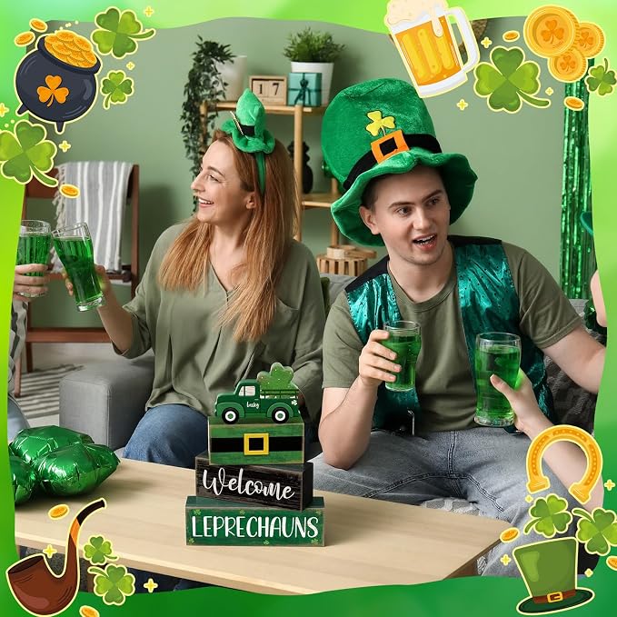 Lineshading 4 Pcs St Patricks Day Table Decor Leprechaun Wooden Stacked Blocks - Image 5