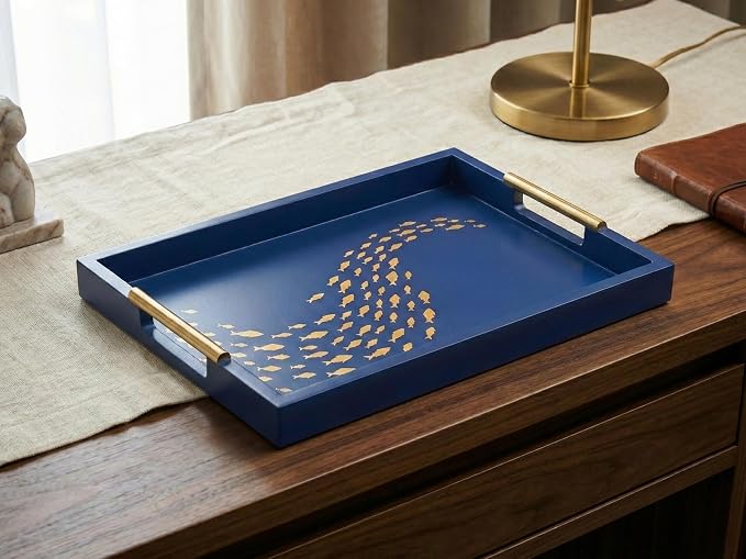 Navy Serving Tray with School of Golden Fish Design Gothic Ottoman Tray - Image 2