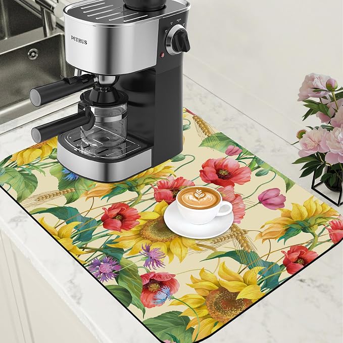 Yellow Sunflower Cornflower Coffee Mat Absorbent Dish Drying Mat by Unknown