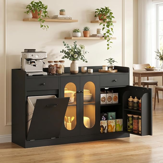 54 in Coffee Bar Cabinet with Hidden Trash Bin Compartment, LED Lights and by Unknown