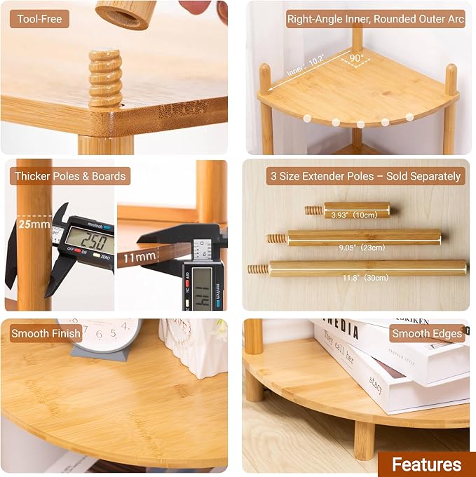3-Tier Expandable Bamboo Corner Shelf Stand, Corner Bookshelf, Display Storage - Image 8