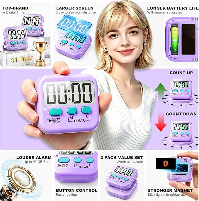 Antonki 2 Pack Digital Timer for Kids, Magnetic Countdown Kitchen Timers for - Image 4