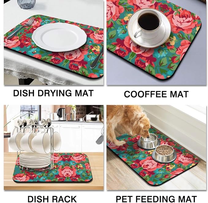 Floral Kitchen Counter Mat, 12 x 19.5 inches, Non-Slip Backing, Fast Drying - Image 4