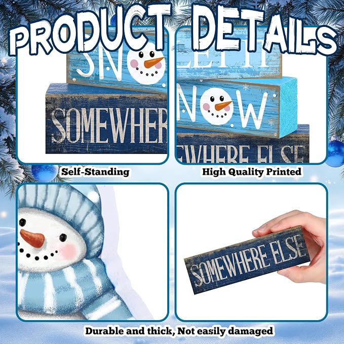 Lineshading 4 Pcs Snowman Christmas Table Decorations Blue and White Wooden - Image 5