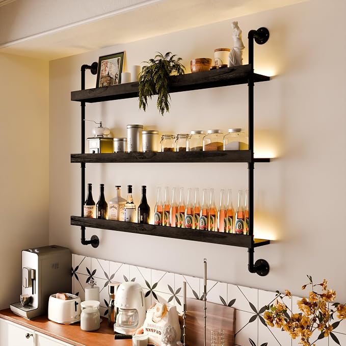 Wall Mounted Wine Rack with LED Light, LED Industrial Pipe Liquor Bar Shelves - Image 9