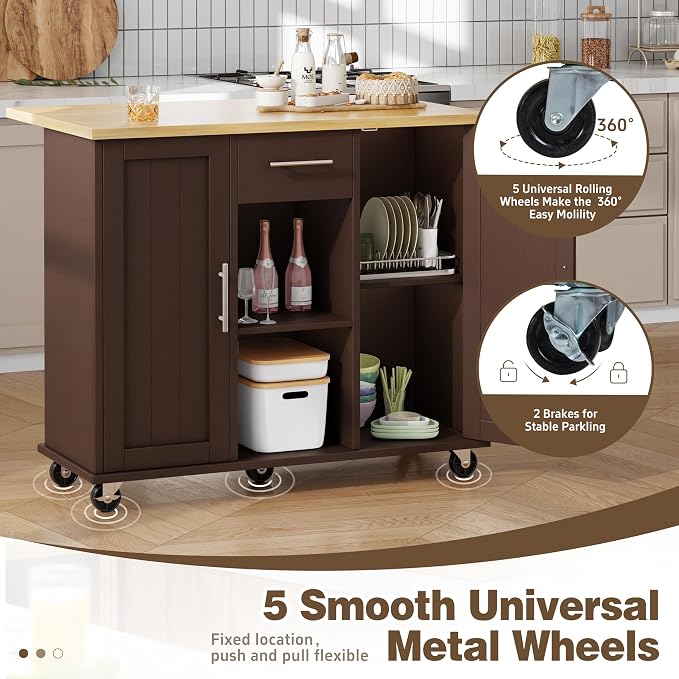 Shintenchi Kitchen Island with Storage, Bar Cart Cabinet Island Table on Wheels - Image 6