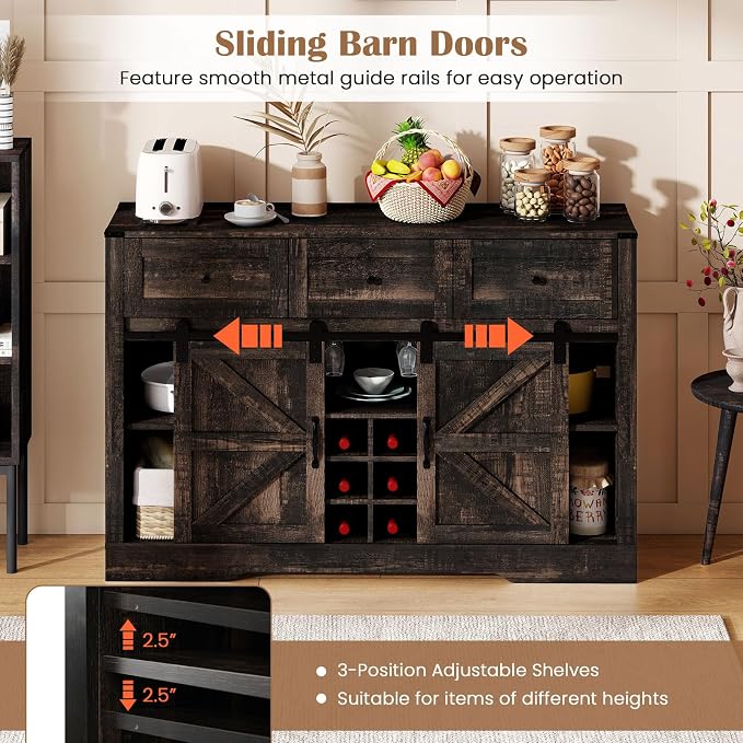 Giantex Wine Bar Cabinet with LED Lights, 3 Drawer, Adjustable Shelf, 12 Bottle - Image 5