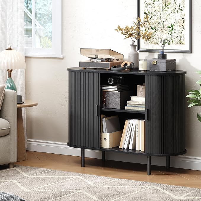 Buffet Cabinet with Storage, Fluted Sideboard Buffet with Sliding Door - Image 8