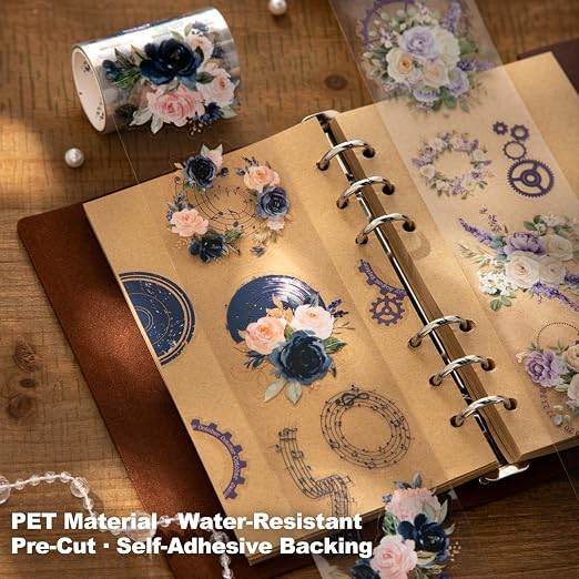 PET Tape Stickers Set with Metal Clip, 4 Rolls Precut Floral Music Decorative - Image 3