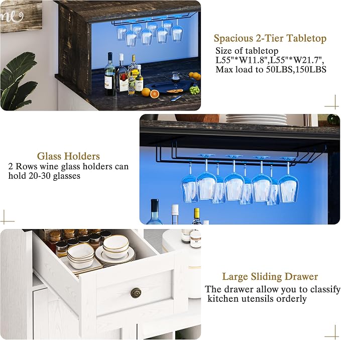 55'' Wine Bar Cabinet with Mini Fridge Space, Liquor Coffee Cabinet with LED - Image 7