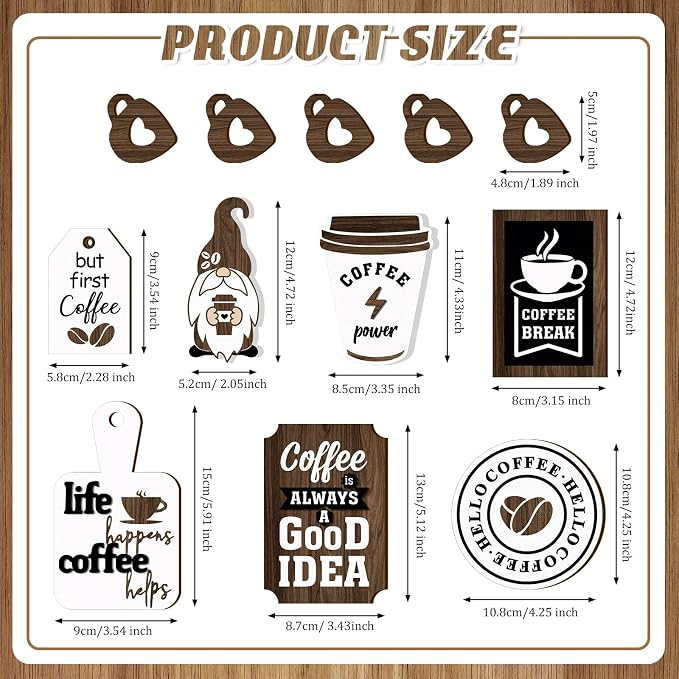 Yalikop 12 Pcs Coffee Bar Decor Tiered Tray Decor Set Farmhouse Wooden Gnomes - Image 3
