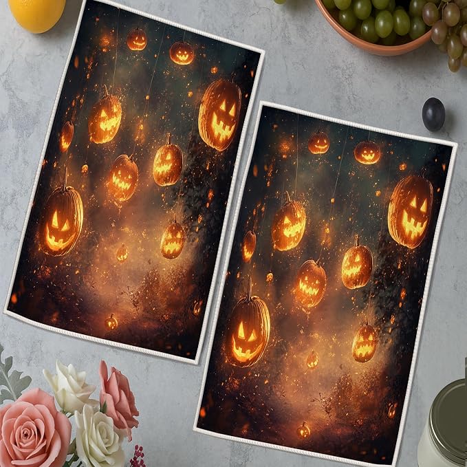 Pumpkin Kitchen Towels Set of 2, Halloween Festive Ghost String Light Halloween - Image 5