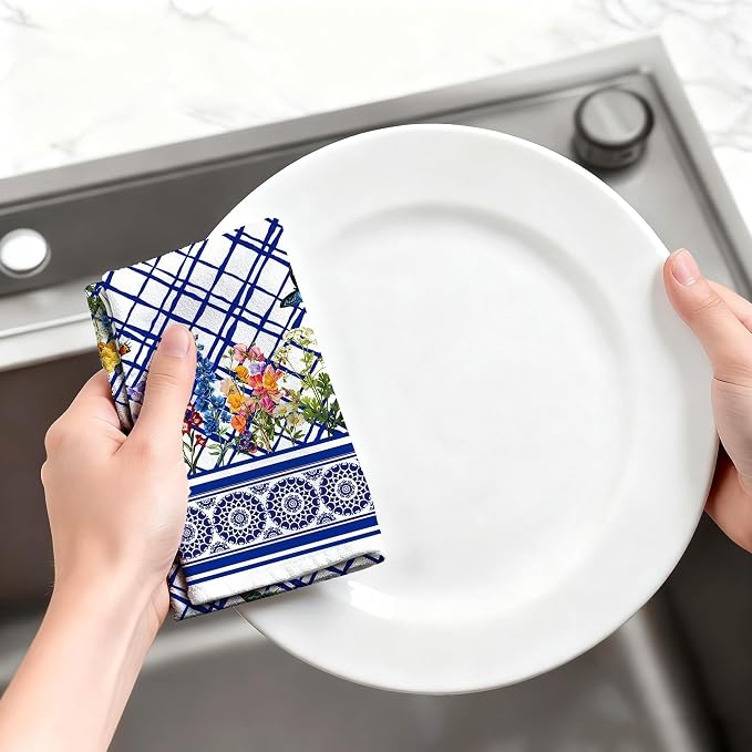 Blue and White Kitchen Towels Set of 4, Chinoiserie Dish Towel Dishclothes - Image 5