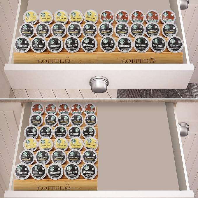 MinBoo Bamboo 2-Piece Step-Shaped K-Cup Holder Drawer or Countertop Organizer - Image 2