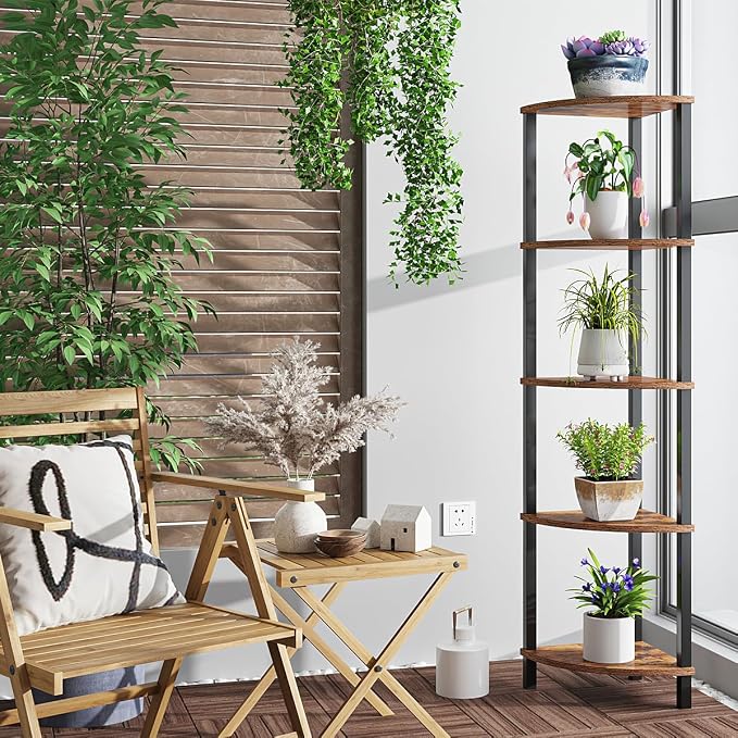 VIMBER Corner Shelf, 5-Tier Corner Bookshelf, Industrial Corner Ladder Shelf - Image 6