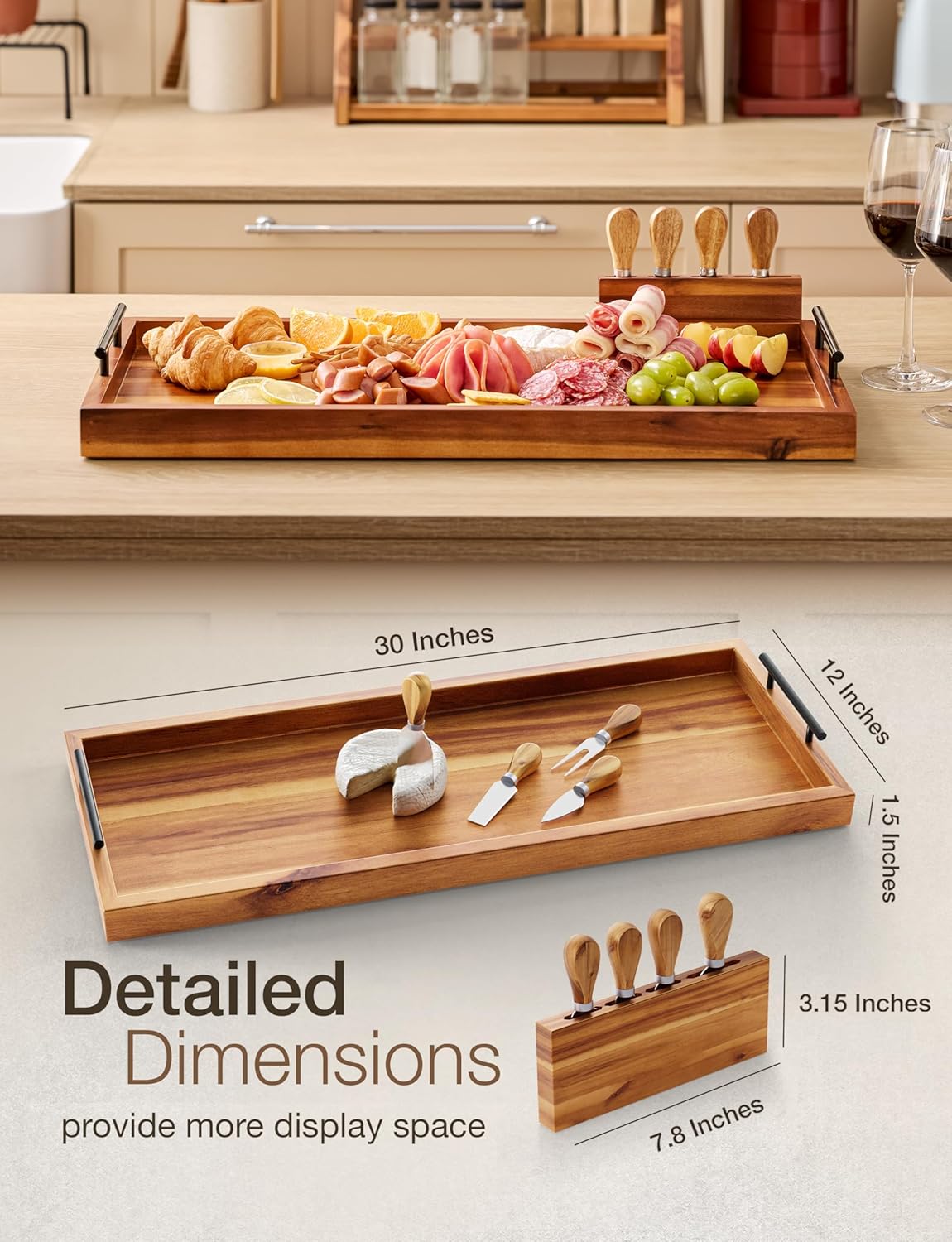 Acacia 30 Inch Large Charcuterie Boards for Party with Cheese Knife Set of 4 – Acacia Wood Serving Tray with Handles, Long Charcuterie Board, Wooden Cheese Board