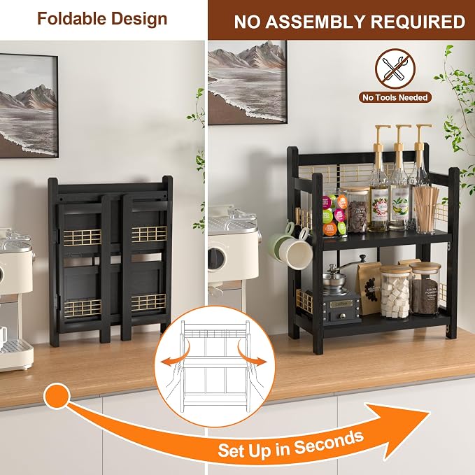 No-Assembly Coffee Bar Organizer, 2-Tier Coffee Station Shelf | Foldable Oak - Image 2