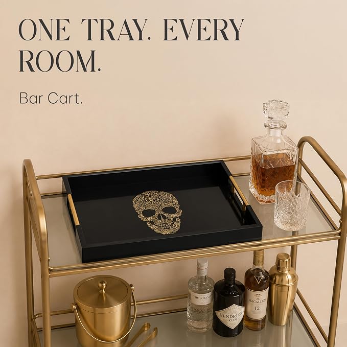 Gothic Skull Serving Tray with Gold Handles – Black Gloss Wooden Ottoman Tray - Image 9