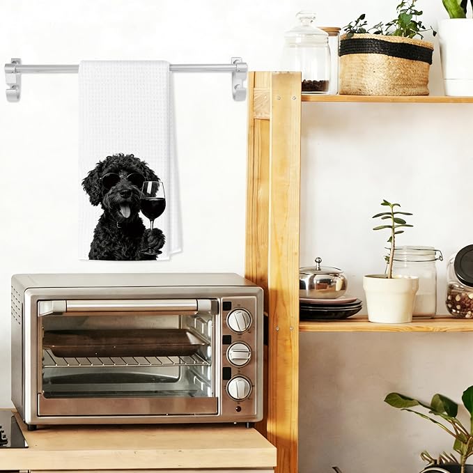 Funny Black Portuguese Water Dog Wine Bar Kitchen Towels, Dog Gifts - Image 3