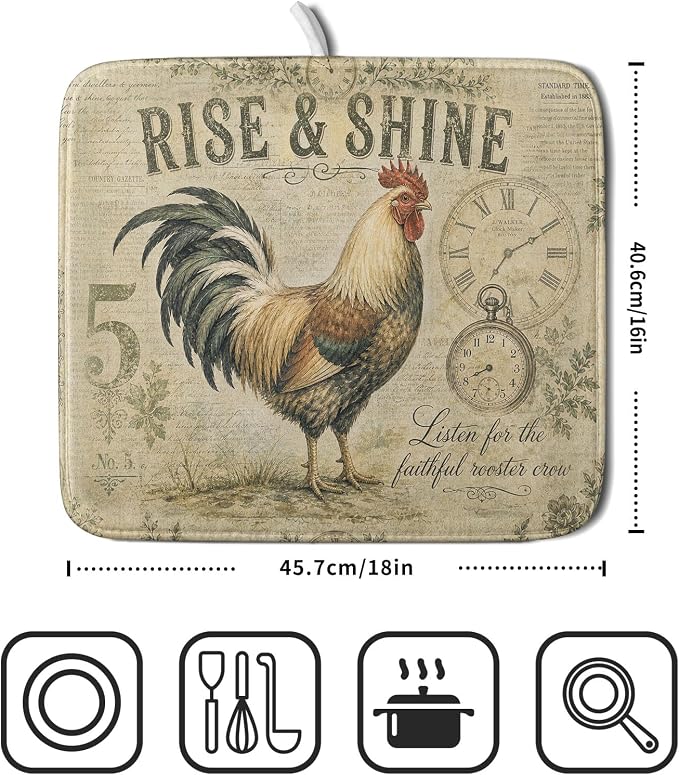 Farmhouse Rooster Dish Drying Mat 16 x 18 Inch - Image 2