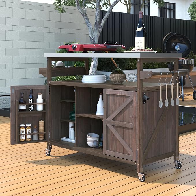 Merax Wood Outdoor Kitchen Island, Stainless Steel Kitchen Island by Merax