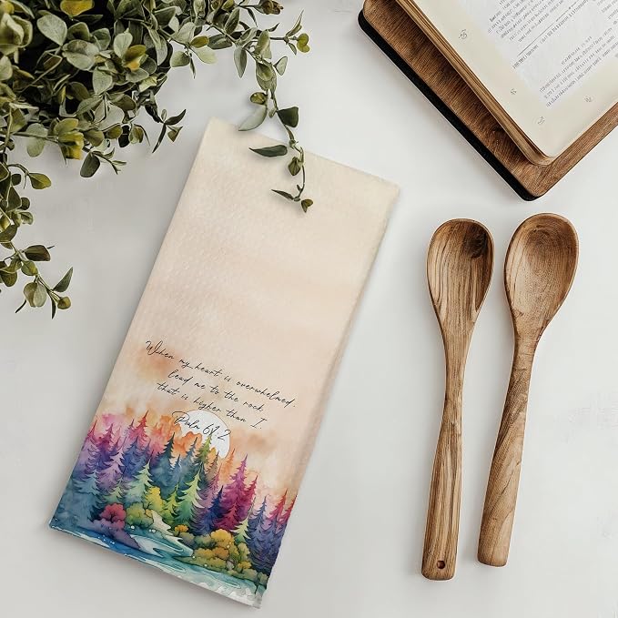 Watercolor Forest Christian Kitchen Towels, Psalm 61:2 Bible Verse Dish Tea - Image 2