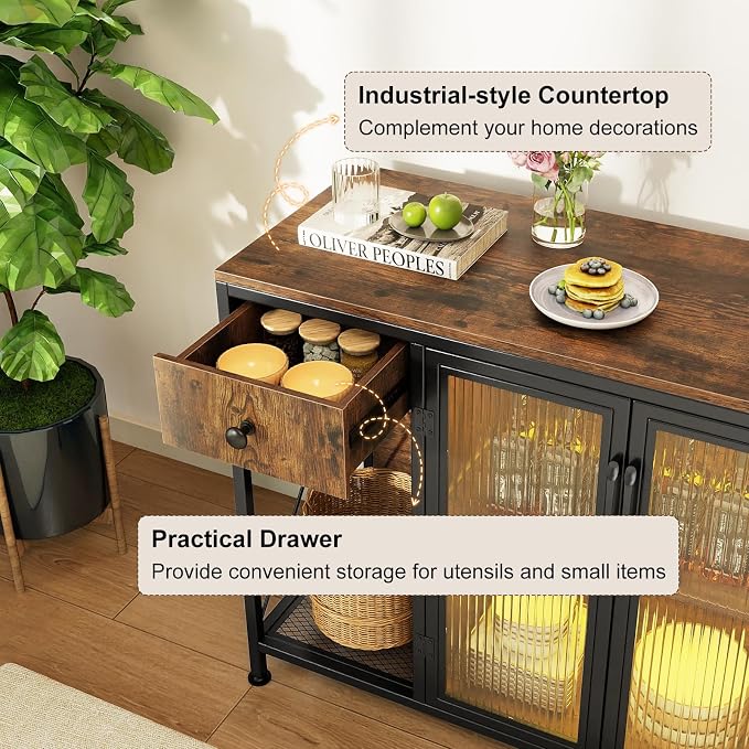 Giantex Buffet Sideboard with Power Outlets and LED Light, Industrial Kitchen - Image 7
