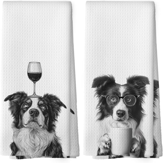 Funny Border Collie Kitchen Towels Set of 2, Funny Dog Kitchen Accessories by Mcehtle