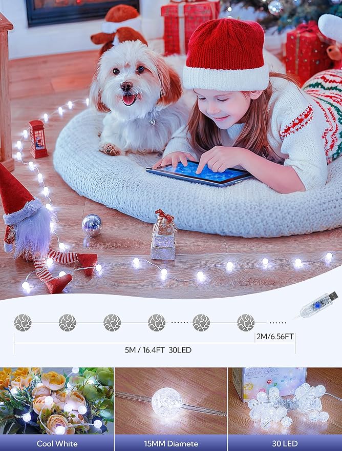 Upgrade Globe String Lights, 10FT 30 LED USB Fairy Lights, 8 Modes Crystal - Image 2