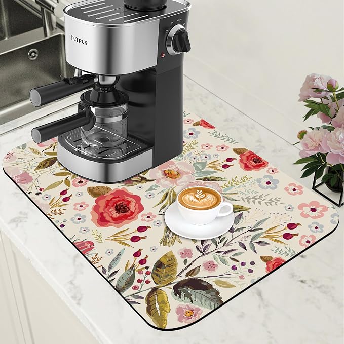 Vintage Flowers Coffee Mat Rose Berries Dish Drying Mat by Unknown