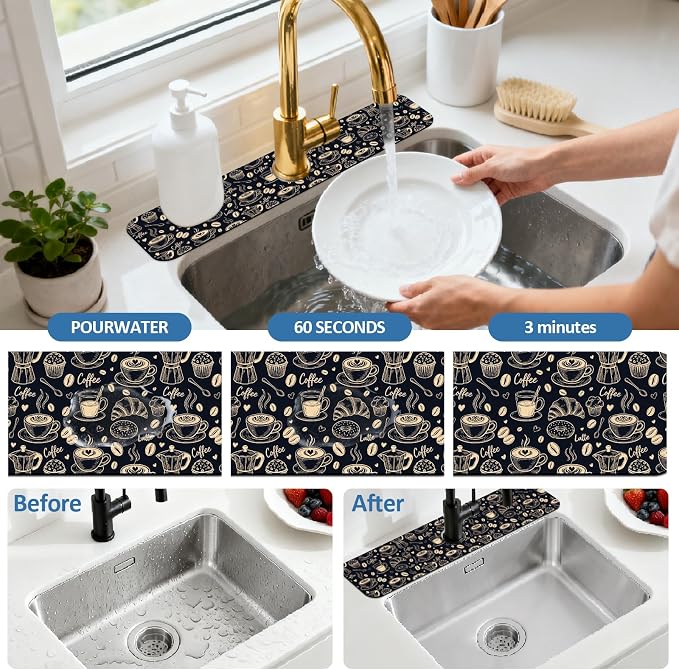 2 Pcs Kitchen Sink Splash Guard Faucet Mat Coffee Element Pattern Faucet Mat - Image 5