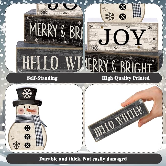 Lineshading 4 Pcs Snowman Christmas Table Decorations Black and White Wooden - Image 4
