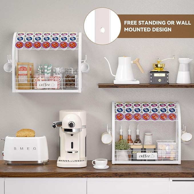Metal K Cup Holder with Wooden Tray, 2-Tier Coffee Bar Organizer with Mug Hooks - Image 5