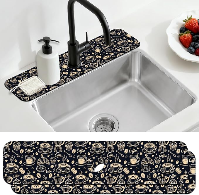 2 Pcs Kitchen Sink Splash Guard Faucet Mat Coffee Element Pattern Faucet Mat by CONCHLERY%E6%97%97%E8%88%B0%E5%BA%97