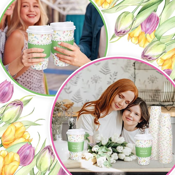 Whaline 50 Pcs Spring Floral Disposable Coffee Cups - Image 7