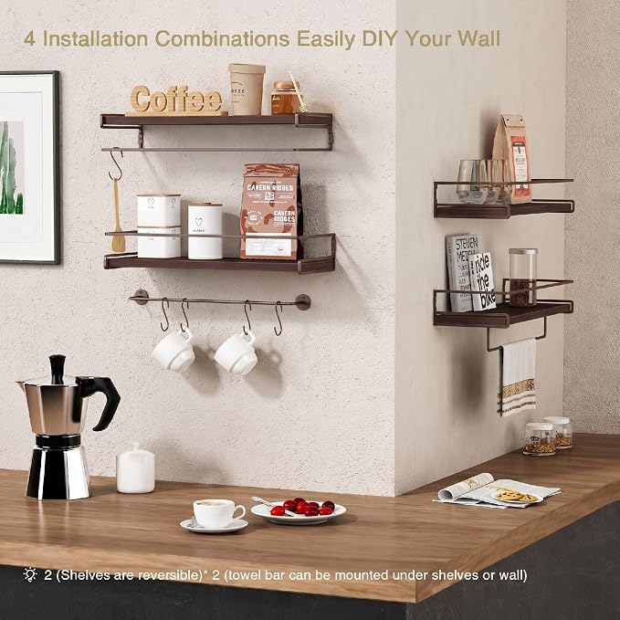 Forbena Dark Brown Kitchen Shelves Wall Mounted Set of 2, Walnut Brown Floating - Image 4