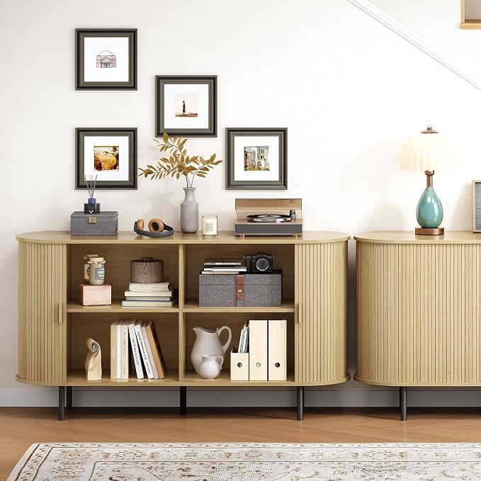 Buffet Cabinet with Storage, Fluted Sideboard Buffet with Sliding Door - Image 8