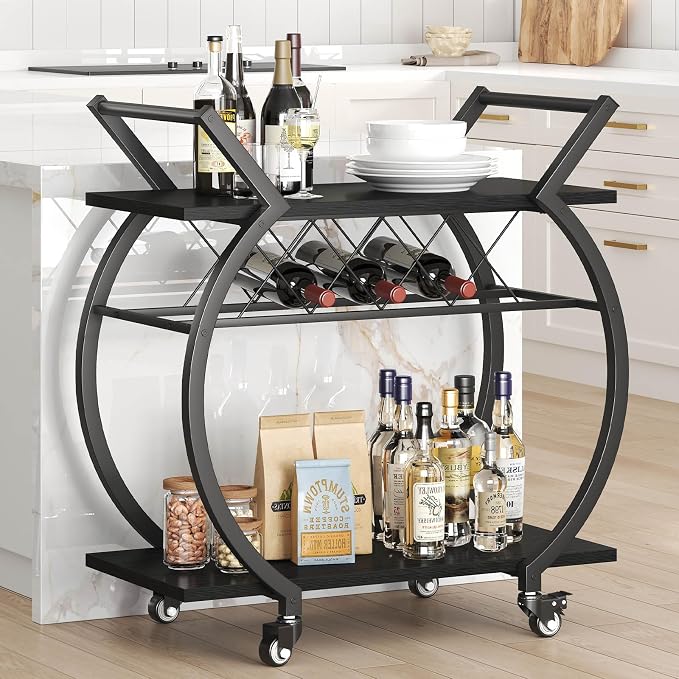 LVB Black Wine Cart with Wheels, Modern Bar Cart with Wine Rack, Industrial - Image 6