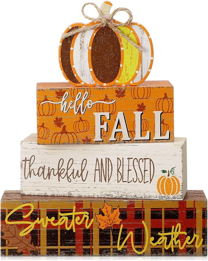 Geelin 4 Pcs Thanksgiving Decorations Fall Wooden Sign Pumpkin Tiered Tray by Geelin