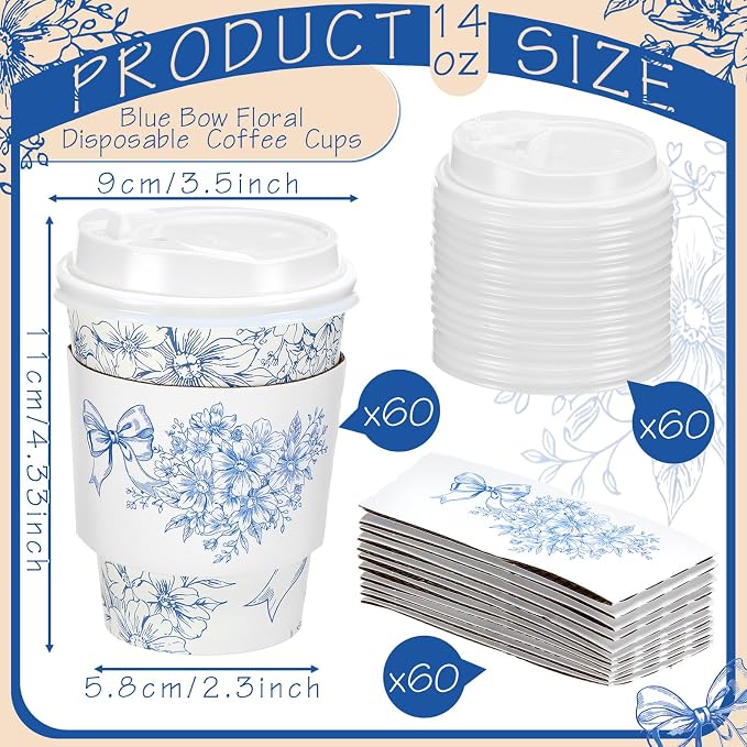 Vesici 60 Set 14oz Blue Bow Floral Disposable Coffee Cups - Image 2