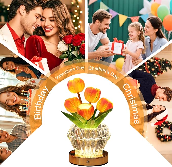 Tulip Flower Lamp with Diamond Vase, 3 Color LED Night Light, Dimmable Touch - Image 6