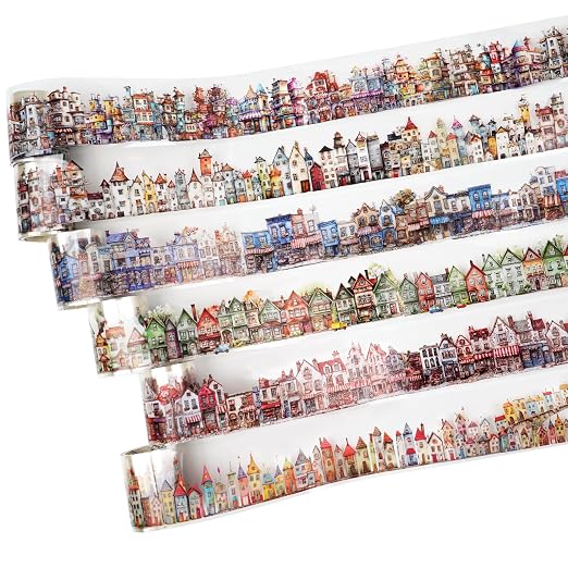 Weird House PET Tape Set with Clip, 6 Rolls of Vintage Town Stickers by Auriicleaf
