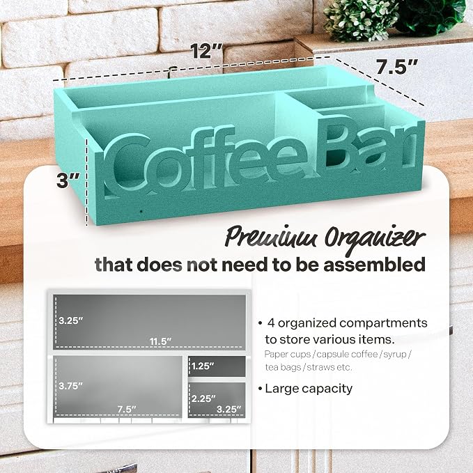 Coffee Bar Organizer Countertop, Wood Coffee Pod Holder & Condiment Caddy | - Image 4