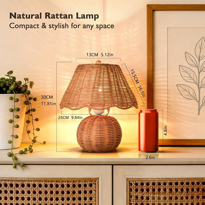 Ziqqeelam Boho Rattan Table Lamp, 11.81" H Natural Wicker Bedside Lamp - Image 2