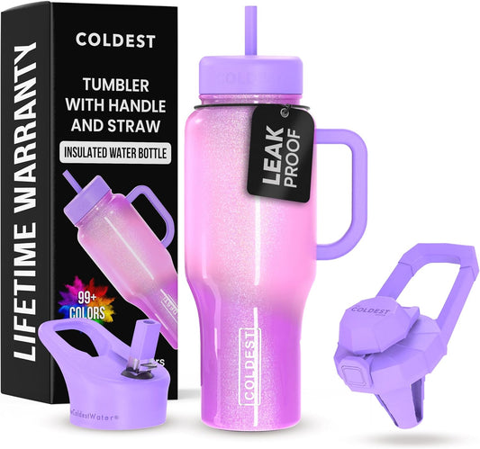 Coldest 36 oz Tumbler with Handle and Straw, 100% Leak Proof Insulated Tumbler with Lid and Straw (3 Lids), Stainless Steel Tumblers for Women & Men, Cup Holder Friendly, 36 oz (Popsicle Dream)