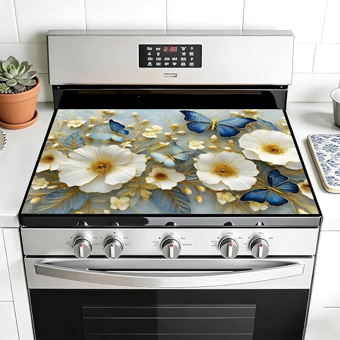 Blue Butterfly Floral Stove Top Cover 28.3 x 20.5 Inches, Heat Resistant Glass by KKYEJLQYI