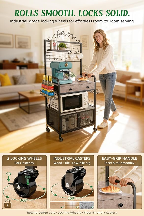 Coffee Bar Cabinet with Storage, Coffee Cart with Wheels, Coffee Station with - Image 4