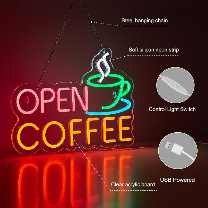 Coffee Open Neon Sign for Coffee Bar Wall Décor Dimmable Business Shop LED Neon - Image 4